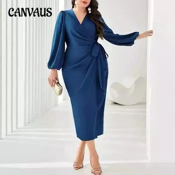 Осеннее женское элегантное платье больших размеров Wind Twist, простое платье средней длины с V-образным вырезом и большим размером 0XL синий