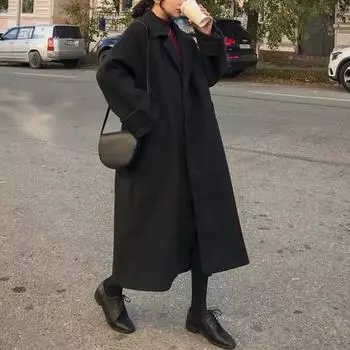 Осеннее женское элегантное шерстяное пальто, корейская мода, черная универсальная длинная куртка, женская зимняя утепленная теплая свободная одежда, новое пальто S чёрный