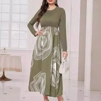 Осеннее женское элегантное зеленое плиссированное вечернее платье, модное трикотажное лоскутное платье с длинным рукавом и круглым вырезом, длинные платья, повседневная уличная одежда XL