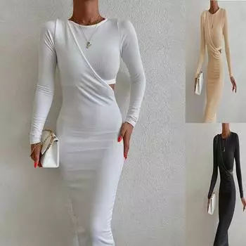 Осеннее женское асимметричное облегающее платье с длинными рукавами и ажурной строчкой S жёлтый