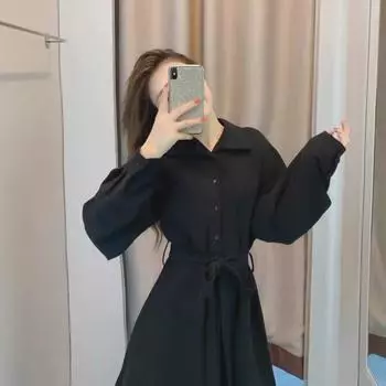 Осеннее женское длинное черное платье во французском стиле – элегантный дизайн с подчеркнутой талией 2XL чёрный