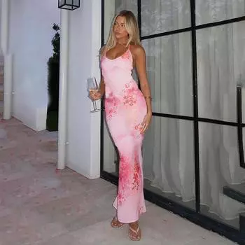 Осеннее женское длинное платье модный стиль сексуальный пряный тонкий принт халтер халтер платье S розовый