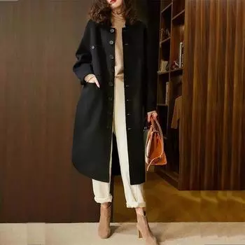 Осеннее женское длинное шерстяное пальто в стиле ретро, модное шикарное и элегантное черное пальто Felame, ветровка, повседневное зимнее уличное свободное пальто M чёрный