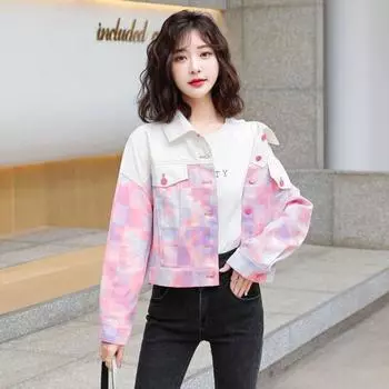 Осеннее женское джинсовое пальто с цветочным принтом для шикарного и повседневного стиля розового цвета S розовый