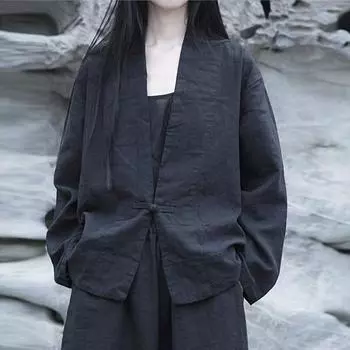 Осеннее женское хлопковое и льняное однотонное винтажное пальто с дисковой пряжкой, однотонное свободное пальто в стиле ретро с длинными рукавами One Size белый