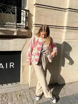 Осеннее женское хлопковое пальто с принтом, розовое свободное однобортное женское пальто с длинными рукавами, 2023, зимняя модная женская куртка с карманами S