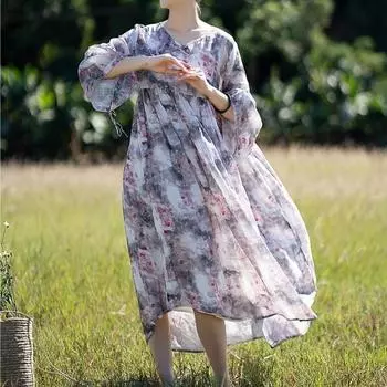 Осеннее женское льняное платье с v-образным вырезом и пряжкой в китайском стиле, с воздушными рукавами, с половиной рукавом, винтажное свободное платье