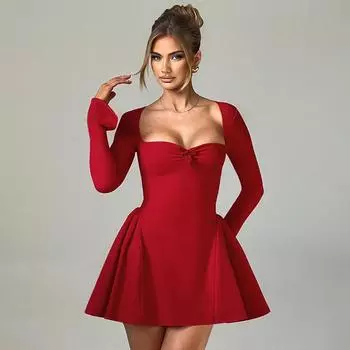 Осеннее женское модное однотонное платье с квадратным воротником и длинными рукавами, с завышенной талией S красный