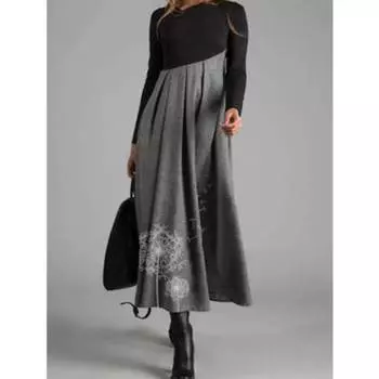 Осеннее женское модное платье макси с v-образным вырезом и принтом в стиле пэчворк с длинным рукавом L серый