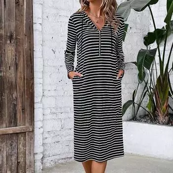Осеннее женское модное полосатое модное свободное пуловерное платье с длинным рукавом и капюшоном XL чёрный