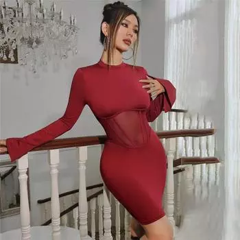 Осеннее женское модное сексуальное платье с открытой спиной и длинным рукавом, облегающее, закрывающее ягодицы S бордовый
