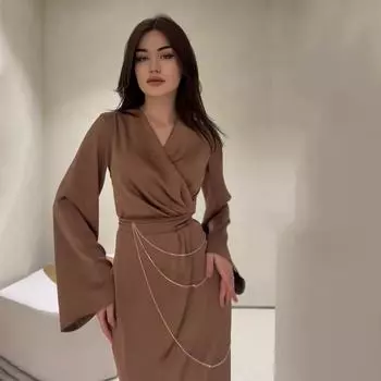 Осеннее женское модное сплошное длинное платье, элегантное платье с длинным рукавом и v-образным вырезом на талии XXL коричневый