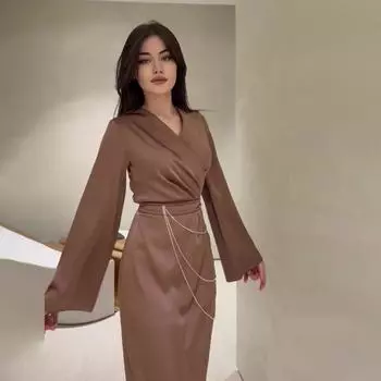 Осеннее женское модное сплошное длинное платье, элегантное платье с длинным рукавом и v-образным вырезом на талии XXL коричневый