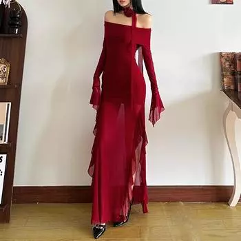 Осеннее женское однотонное облегающее модное платье с однотонным воротником и длинными рукавами с разрезом S красный