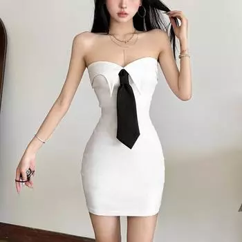 Осеннее женское однотонное облегающее платье без бретелек с открытой спиной S белый
