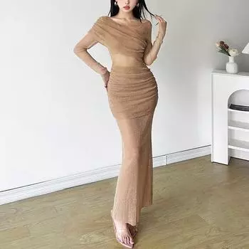 Осеннее женское однотонное облегающее платье с высокой талией и круглым вырезом, длинными рукавами, из марли S хаки