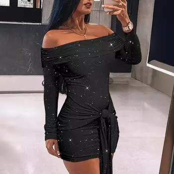 Осеннее женское однотонное платье с однотонным воротником и длинными рукавами S чёрный