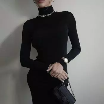 Осеннее женское однотонное платье с высоким воротом и длинным рукавом, сексуальное, с открытой спиной, облегающее, с запахом, на ягодицах S чёрный