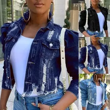 Осеннее женское пальто, куртки, сексуальная джинсовая куртка с длинным рукавом и карманом, рваная, уличная, короткое пальто, размер плюс XXL чёрный