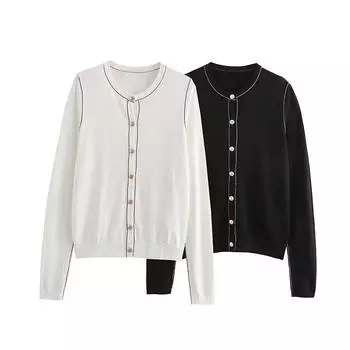 Осеннее женское пальто с пряжкой, однотонное, контрастное, с длинным рукавом, круглым вырезом, вязаное плоской иглой S белый