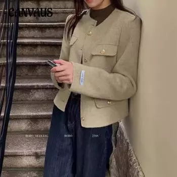 Осеннее женское пальто, свободный твидовый жакет с круглым вырезом S темно-серого