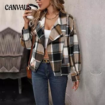 Осеннее женское пальто в клетку, клетчатый кардиган, винтажная куртка с длинными рукавами на молнии с лацканами S хаки