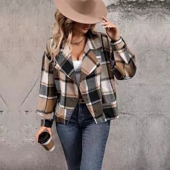 Осеннее женское пальто в клетку, клетчатый кардиган, винтажная куртка с длинными рукавами на молнии с лацканами S хаки