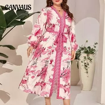 Осеннее женское платье больших размеров с V-образным вырезом и принтом в виде сращивания 0XL розовый