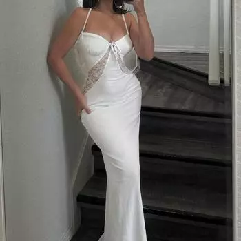 Осеннее женское платье-халат с кружевом и лоскутным кроем, воротником-стойкой на спине S белый