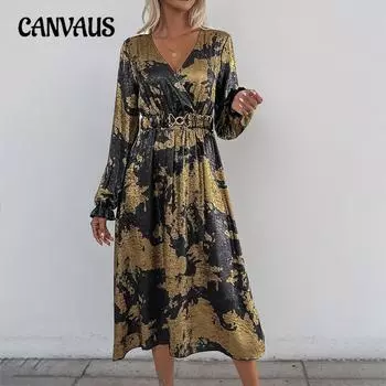 Осеннее женское платье-халат с V-образным вырезом, длинными рукавами и А-образным подолом S чёрный