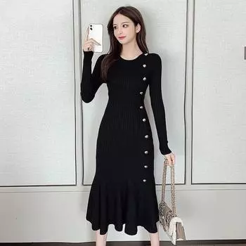 Осеннее женское платье-хепберн с круглым вырезом и талией, трикотажное платье-рыбий хвост One Size чёрный