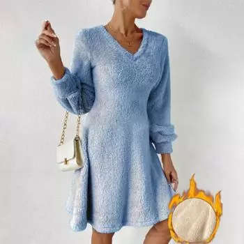 Осеннее женское платье из плотного плюша с v-образным вырезом и длинными рукавами, однотонное трапециевидное платье со свободным подолом, теплый уютный пуловер, женское платье миди длиной до колена M армия зеленый