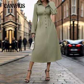 Осеннее женское платье-кардиган с отворотом и пуговицами для поездок на работу S армия зеленый