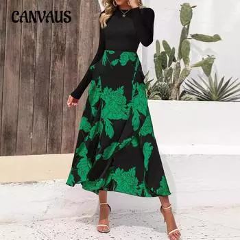 Осеннее женское платье, модное цветочное длинное платье с круглым вырезом и длинными рукавами, платья с оборками S красный