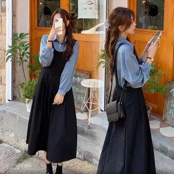 Осеннее женское платье на подтяжках, два комплекта, платье больших размеров, Vestidos Elegantes, одежда M чёрный