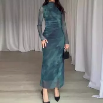 Осеннее женское платье, облегающее, однотонное, плиссированное, с длинным рукавом, с воротником до половины, на молнии сзади, мягкое эластичное женское платье миди M темно-зеленого