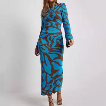 Осеннее женское платье одинакового цвета с волнистым принтом, круглым вырезом и длинными рукавами, облегающее, плотное, теплое, мягкое, до щиколотки, платье макси S коричневый