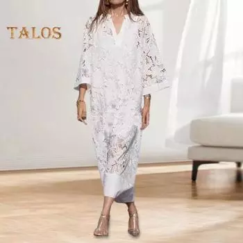 Осеннее женское платье с ажурным кружевом, вязанным крючком, пэчворк, V-образный вырез, свободные рукава три четверти, цветочная вышивка, длина до щиколотки, макси-платье для поездок на работу и свиданий S белый