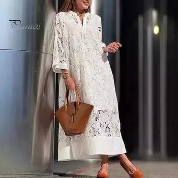 Осеннее женское платье с ажурным кружевом, вязанное крючком, пэчворк, двухслойное, с V-образным вырезом, свободные рукава три четверти, цветочная вышивка, длина до щиколотки, для поездок на работу, для свиданий, макси S белый