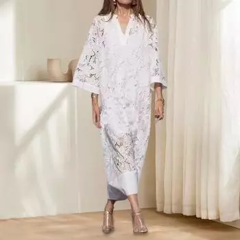 Осеннее женское платье с ажурным кружевом, вязанным крючком, двухслойным лоскутным кроем, V-образным вырезом, свободными рукавами три четверти, цветочной вышивкой, длиной до щиколотки, платье макси для свиданий S белый