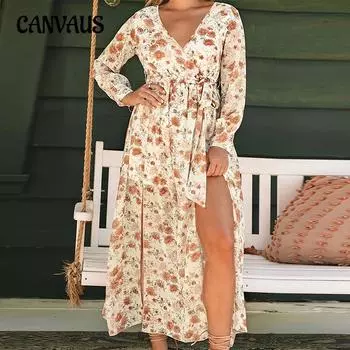 Осеннее женское платье с цветочным принтом и длинными рукавами больших размеров, нестандартные длинные платья с V-образным вырезом и завязками 1XL