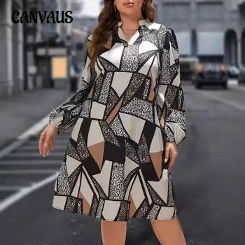Осеннее женское платье с длинным рукавом и V-образным вырезом с принтом больших размеров Платья с принтом 0XL