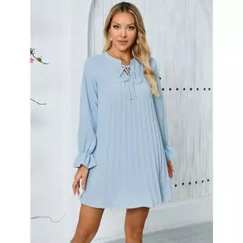 Осеннее женское платье с длинным рукавом и рукавом-фонариком, однотонное, плиссированное, модное, повседневное, свободное платье S зелёный