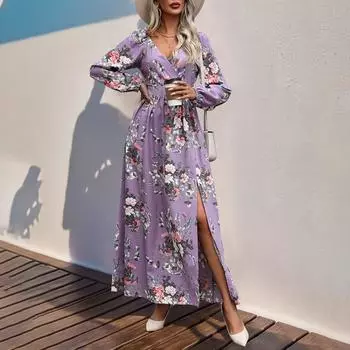 Осеннее женское платье с длинным рукавом и V-образным вырезом с принтом для женщин S