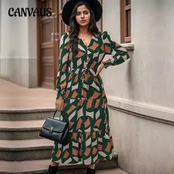 Осеннее женское платье с длинным рукавом и принтом, платья с v-образным вырезом, платье средней длины S зелёный