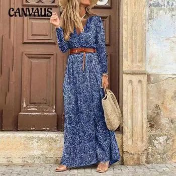 Осеннее женское платье с длинным рукавом и V-образным вырезом в стиле бохо с цветочным принтом S красный