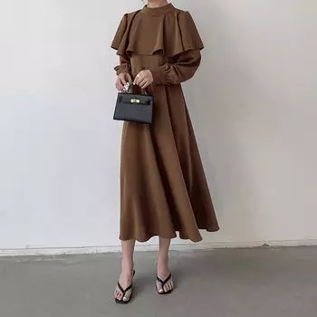 Осеннее женское платье с длинными рукавами и удлиненными краями оборки на талии для эффекта похудения Повседневные платья S коричневый