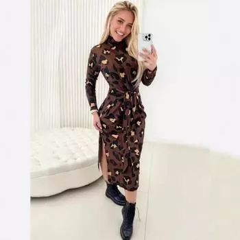 Осеннее женское платье с длинными рукавами и шнуровкой S оранжевый