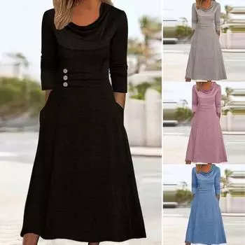 Осеннее женское платье с карманами, пуловер с круглым вырезом и длинными рукавами, платье с узкой талией, свободный подол, однотонное платье, элегантное женское повседневное длинное платье, вечерние 2XL синий