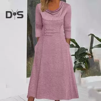 Осеннее женское платье с карманами, пуловер с круглым вырезом и длинными рукавами, платье с узкой талией, свободный подол, однотонное платье, элегантное женское повседневное длинное платье, вечерние M чёрный